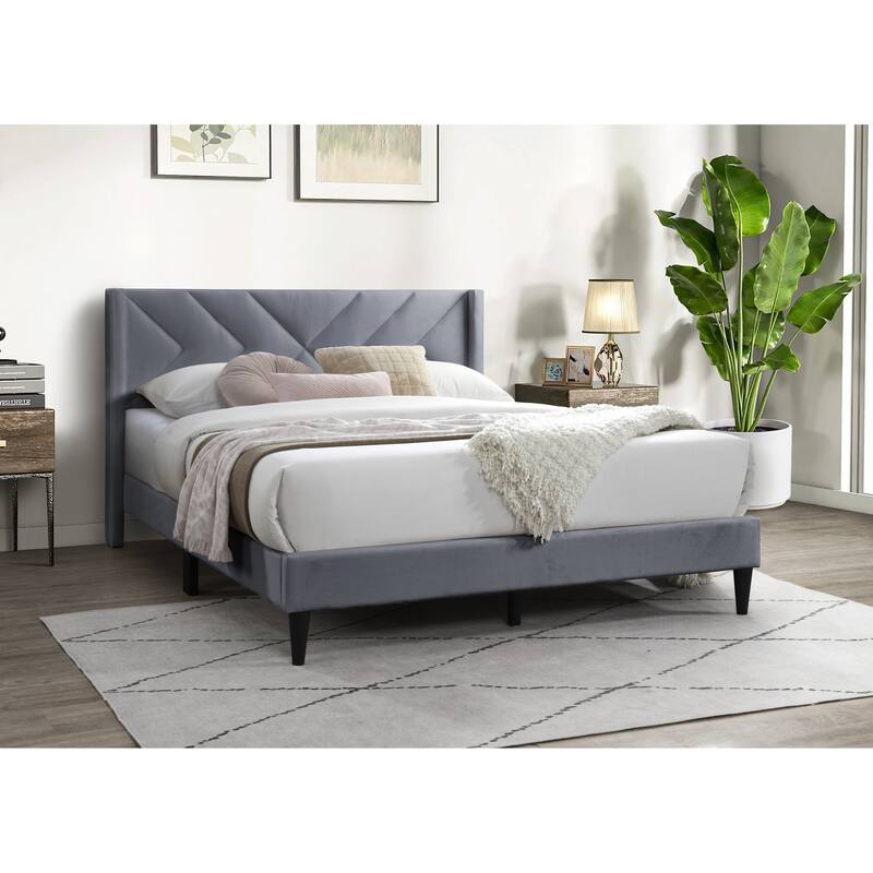 Modern Gray Velvet Upholstered Queen Size Bed with Geometric Headboard