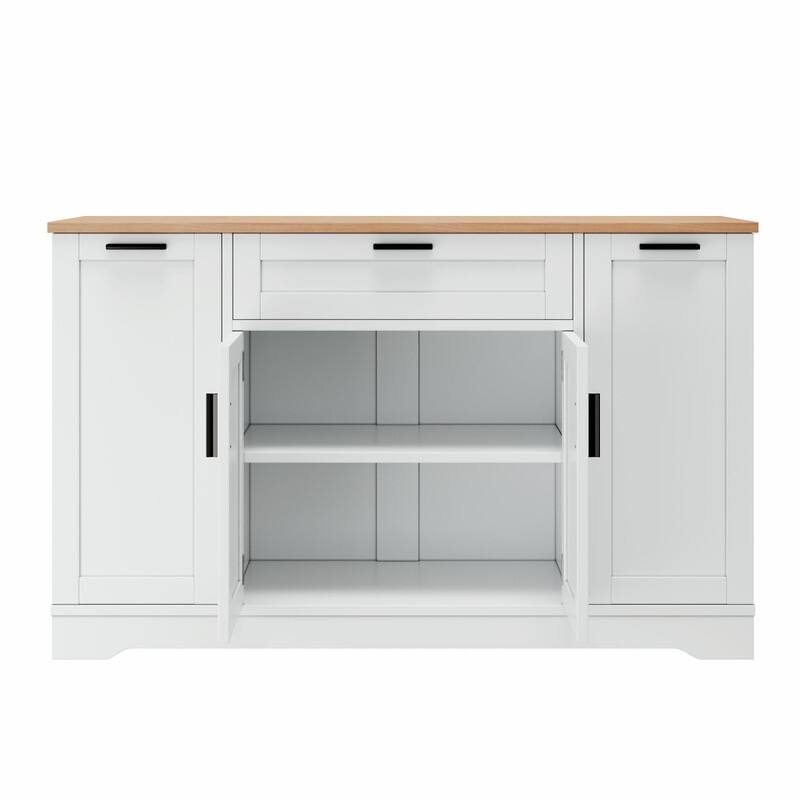 Multi-Functional Storage Sideboard & Extendable Dining Table with Adjustable Shelves, 3-Tier Pull-Out Rack