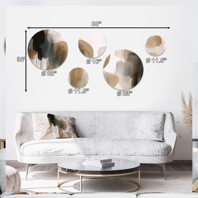 Designart "Painting Of Abstract Shapes II" Abstract Metal Round Wall Art Set Of 5