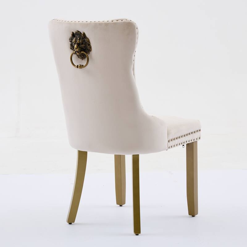 Velvet Dining Chairs Set of 2, Tufted Dining Chairs with Nailhead Trim, Kitchen Chairs with Lion Head Pulls Ring & Wooden Legs