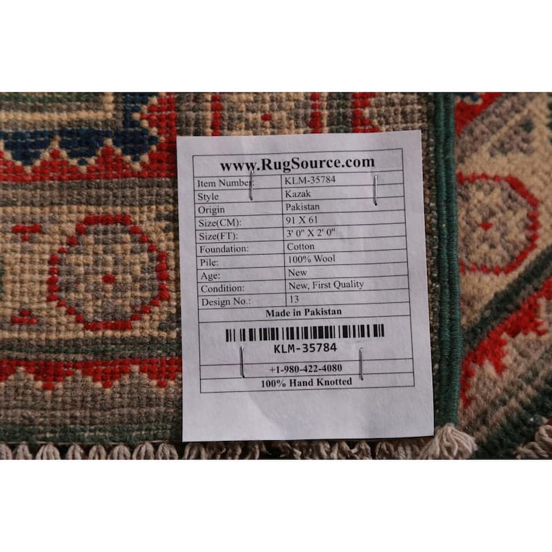 Green Geometric Kazak Oriental Accent Foyer Rug Handmade Wool Carpet - 2'0"x 3'0"