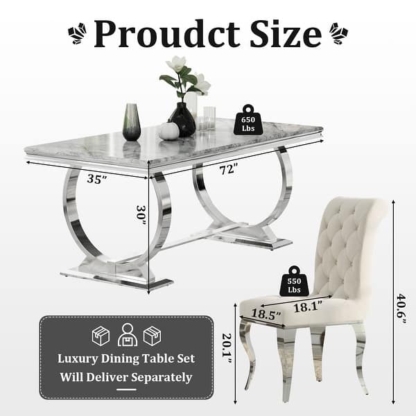 dimension image slide 5 of 6, Luxurious Dining Room Table Set with Buttons Tufted Velvet Dining Chairs