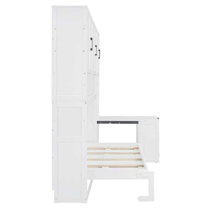 Twin Size Murphy Bed Wall Bed with Closet, Drawers, and Desk, White Finish, Space-Saving Multifunctional Design