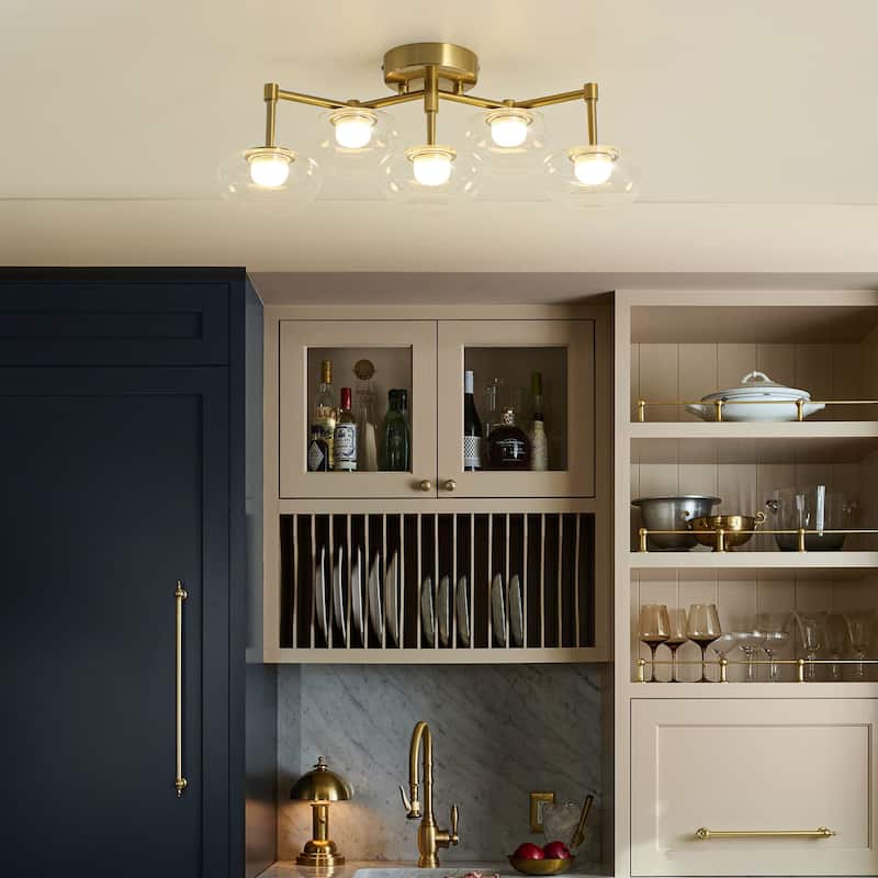 20.9" 5-Light Modern Gold Integrated LED Bathroom Vanity Light/Semi-Flush Mount Light with Clear Oval Glass Shades