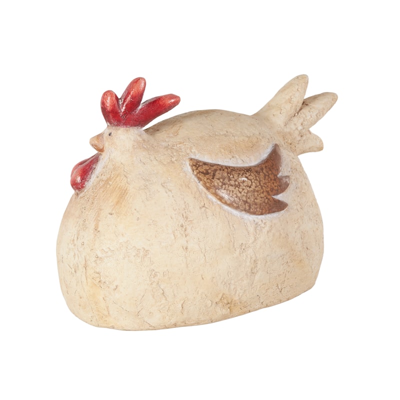 Cream Magnesium Oxide Sitting Rooster Decorative Garden Sculpture with Brown and Red Accents