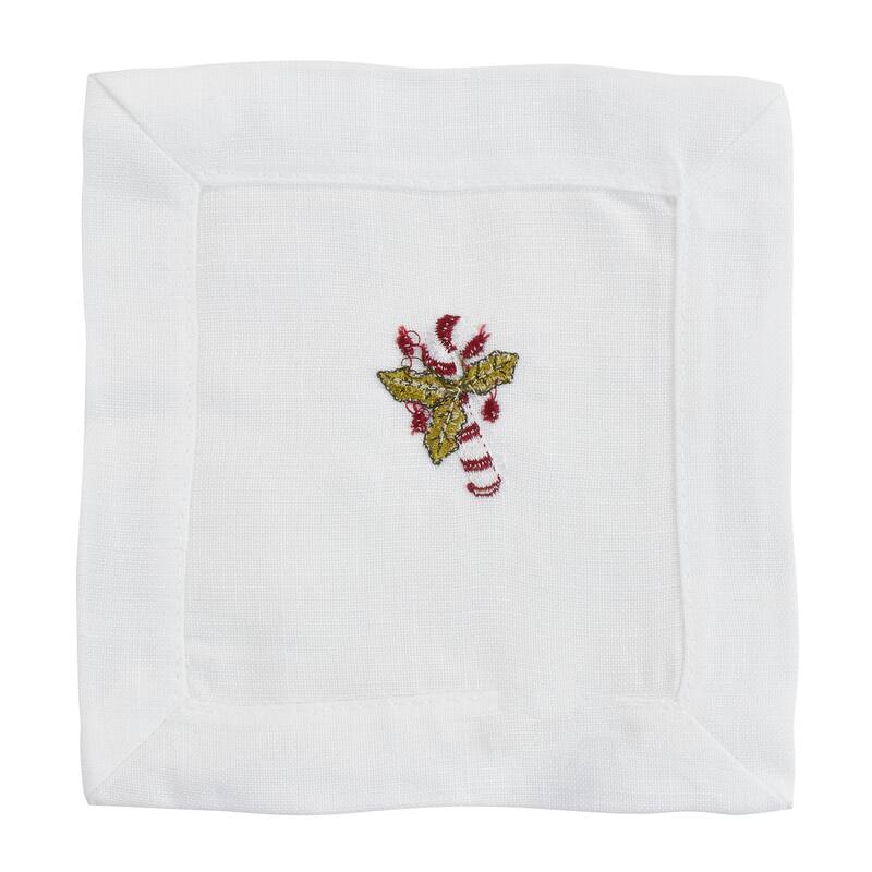 Embroidered Cocktail Napkins With Candy Cane Design (Set of 12) - 6"x6"