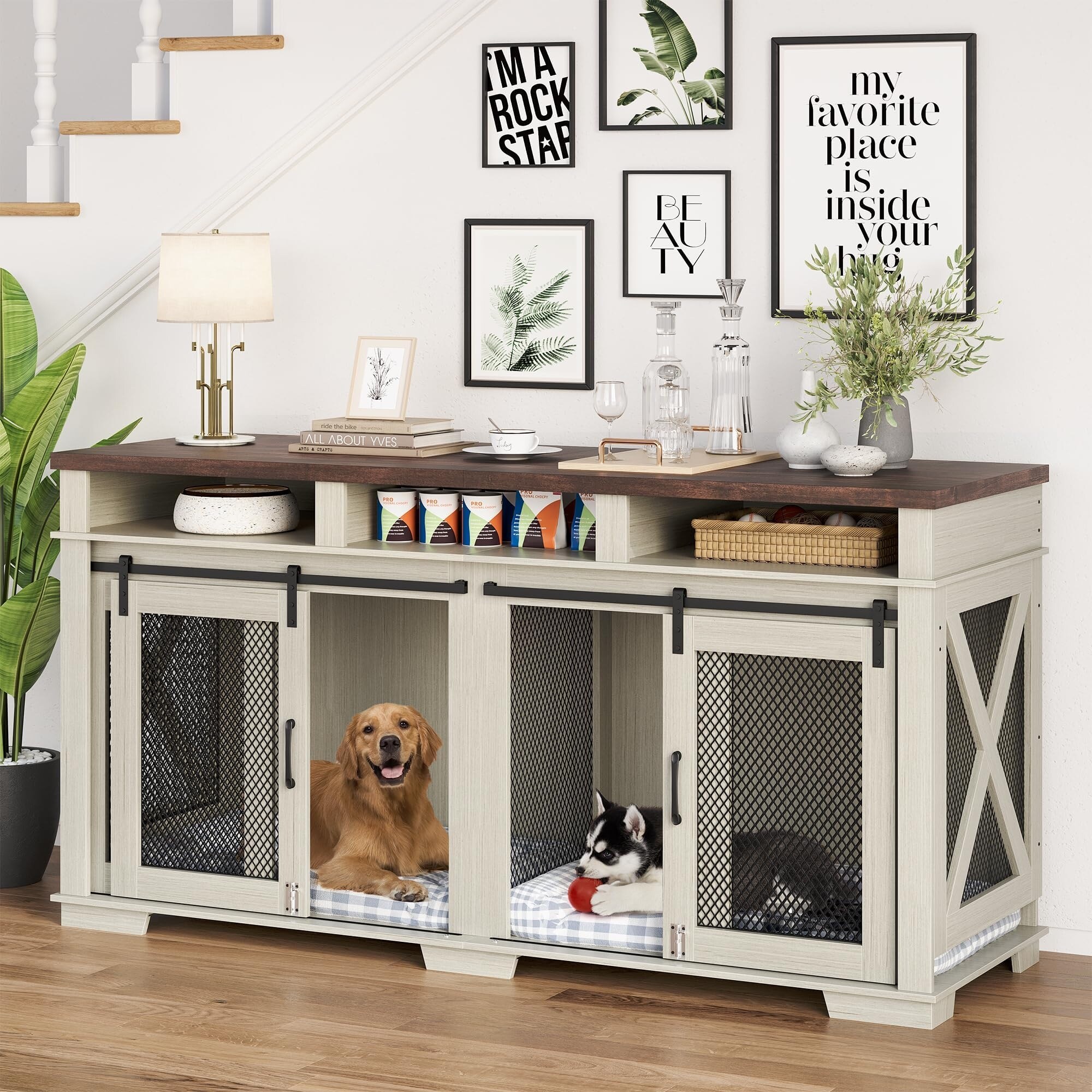 Wood Large Dog Crate for 2 Dogs End Table with Double Doors 71 L x 23.6 W x 36