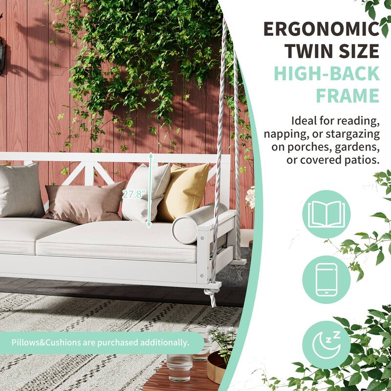 Acacia Wood Twin Size Outdoor Swing Bed with 16.4ft Hemp Ropes, Modern Hanging Porch Daybed Frame for Patio or Garden