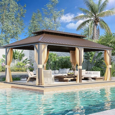 Outdoor 12 x 20 Hardtop Gazebo with Curtains, Shelter with Galvanized Steel Double Roof, Aluminum Frame, and Mesh Netting