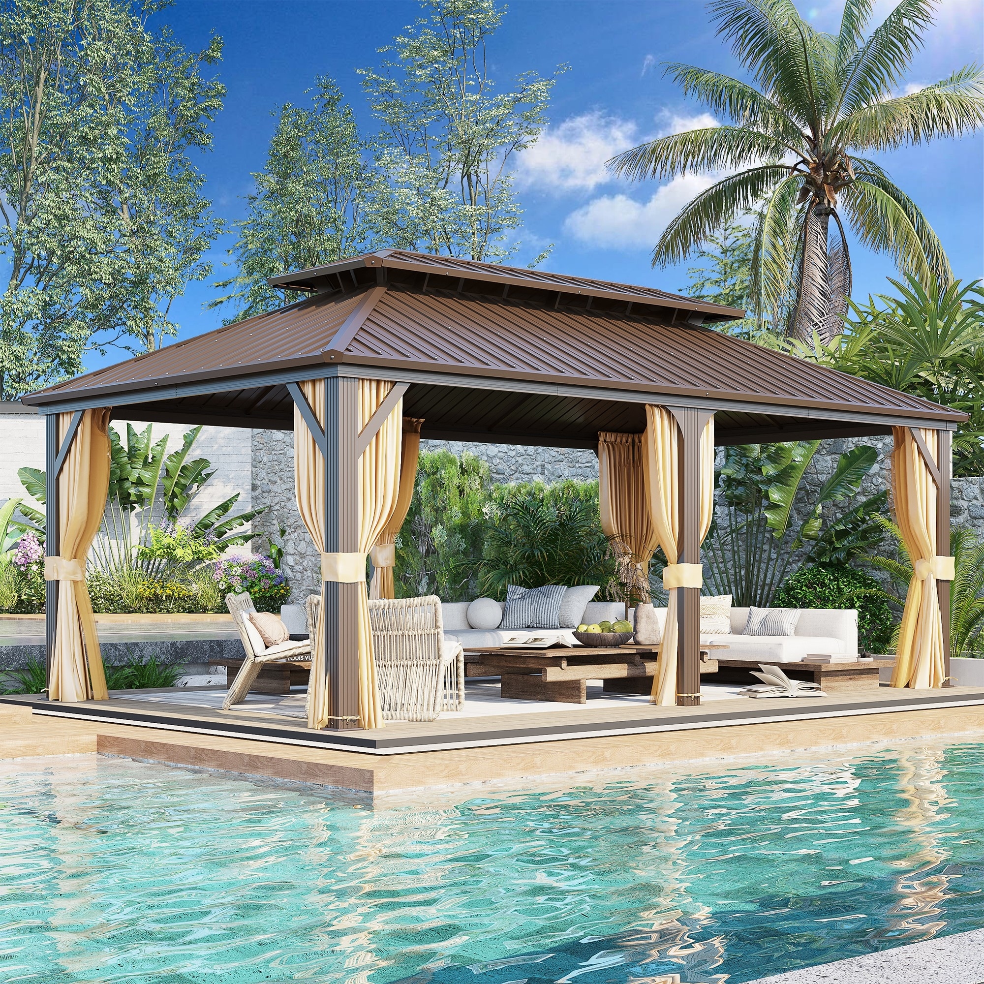 Outdoor 12 x 20 Hardtop Gazebo with Curtains, Shelter with Galvanized Steel Double Roof, Aluminum Frame, and Mesh Netting