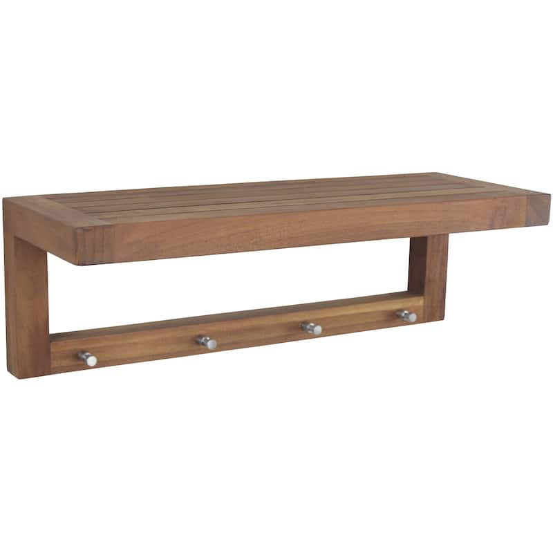 Moa Teak Wall Shelf with Hooks - Teak Oil - 24" Wide