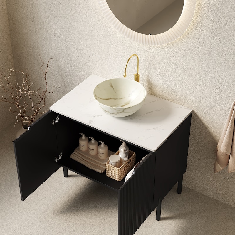 30" Bathroom Vanity with Sink, Freestanding Bathroom Storage Cabinet with 2 Doors, White Bowl Ceramic Basin with Stone Pattern