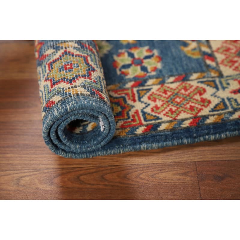 Blue Geometric Kazak Oriental Foyer Rug Handmade Wool Carpet - 2'0" x 3'0"