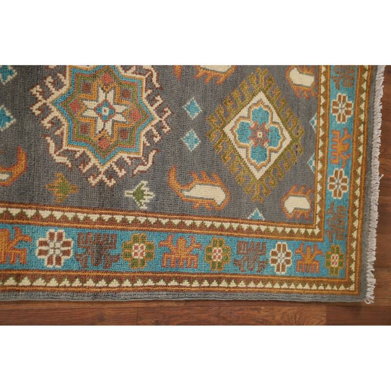 Gray Geometric Kazak Oriental Runner Rug Handmade Grey Wool Carpet - 2'1" x 10'1"