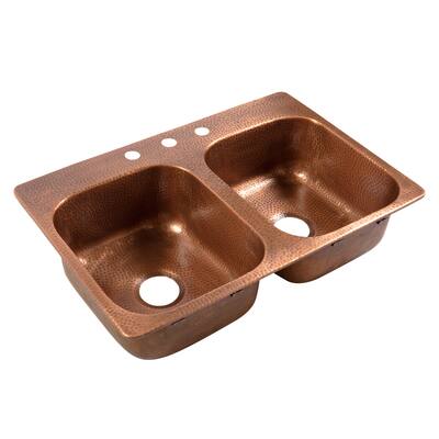 Angelico Copper 33" Double Bowl Drop-In Kitchen Sink with 3 Holes