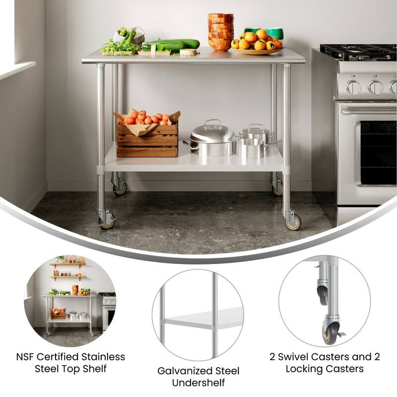 Commercial Stainless Steel 18 Gauge Worktable with Undershelf and Casters