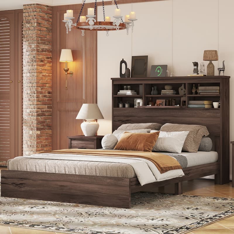 Vintage Platform Bed With Storage Headboard and Charging Station