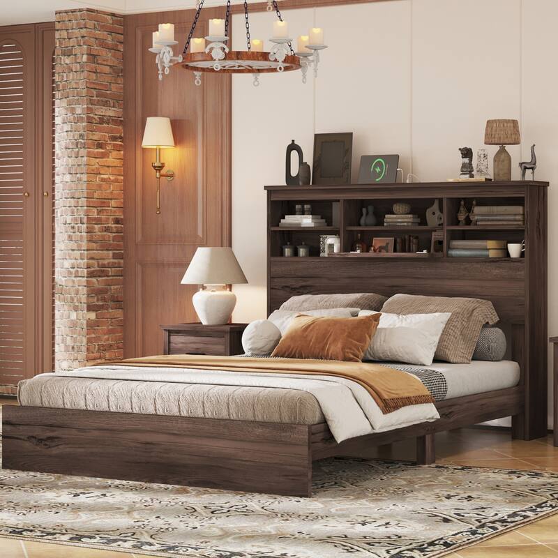 Wooden Platform Bed with Storage Headboard and USB Charging Ports