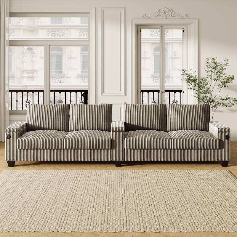 4-seater Brown Corduroy Sofa with Storage, Cup Holders, USB Ports, 133" Length
