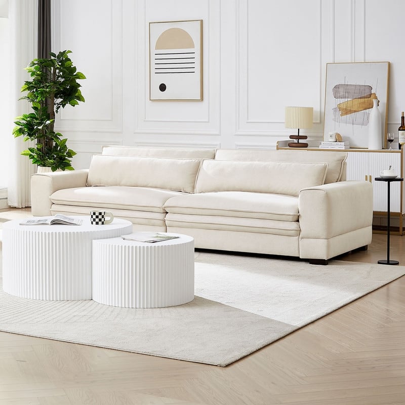 Mid-Century Modern Upholstered Fabric Sofa,3 Seater Sofa Couch with Two Pillows for Living Room,3 Colors