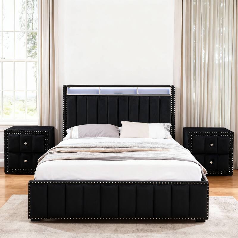 Modern Black Solid Wood Bed Frame with Open Compartments