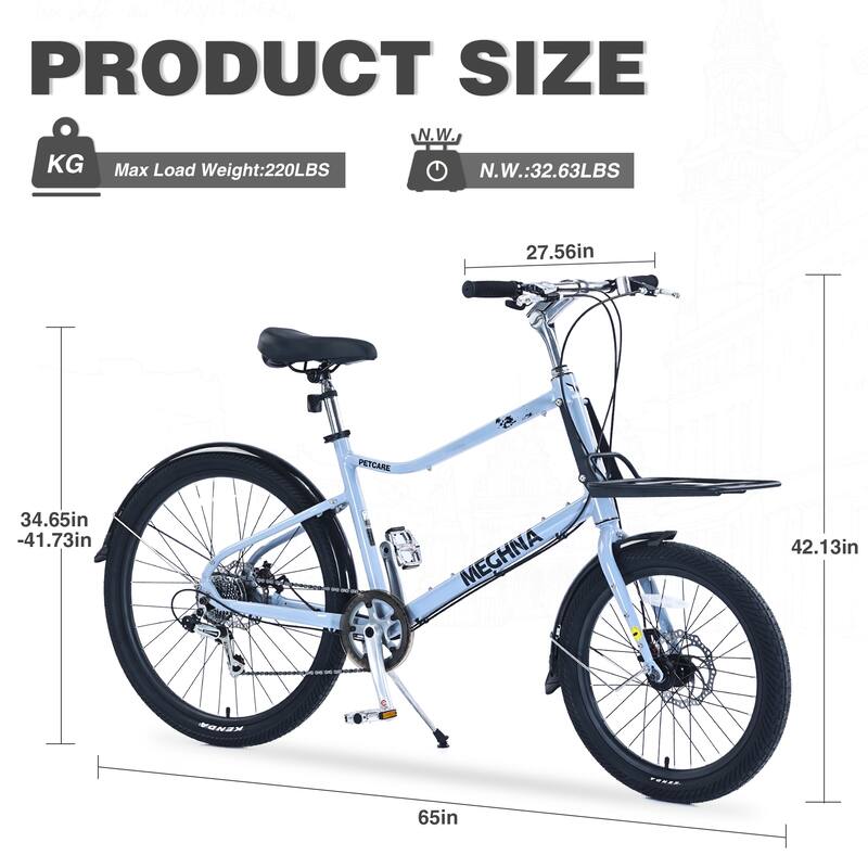 26 Inch City Bike 7 Speed Road Cargo Bicycle w/Dual Disc Brakes, Leisure Cycling Aluminum Alloy Frame for Teens, 16 Years and Up