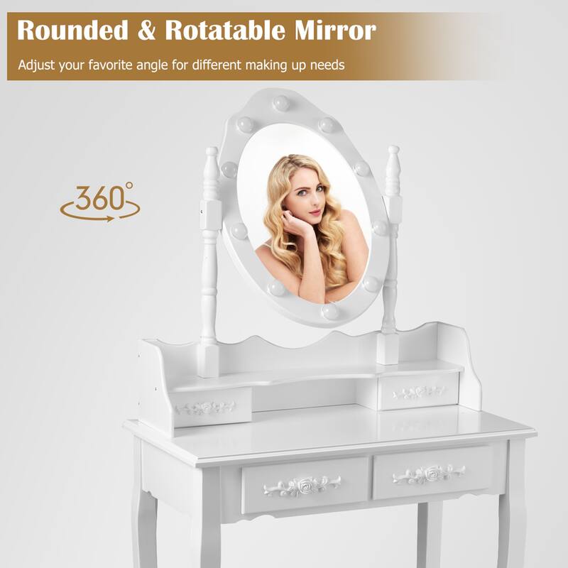 Gymax Makeup Vanity Dressing Table Set w/10 Dimmable Bulbs Cushioned - See Details
