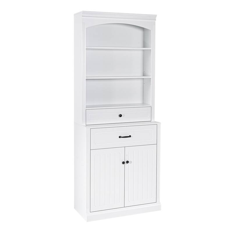 White Bathroom Storage Cabinet with Four Doors, Drawers, Adjustable Shelf & Six Open Shelves - Durable MDF Construction, Combo