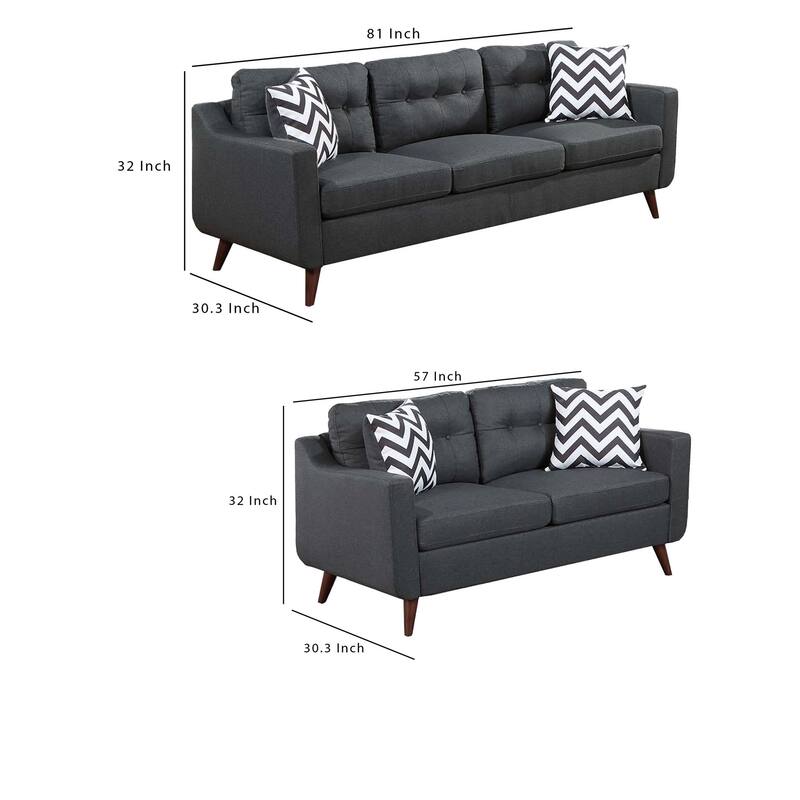 Roli 2pc Sofa and Loveseat Set, 4 Throw Pillows, Soft Black Polyfiber