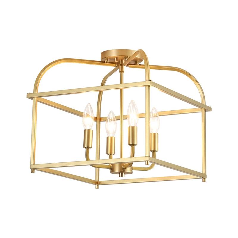 4-Light Iron Open Square Lantern Candle Semi Flush Mount 15in