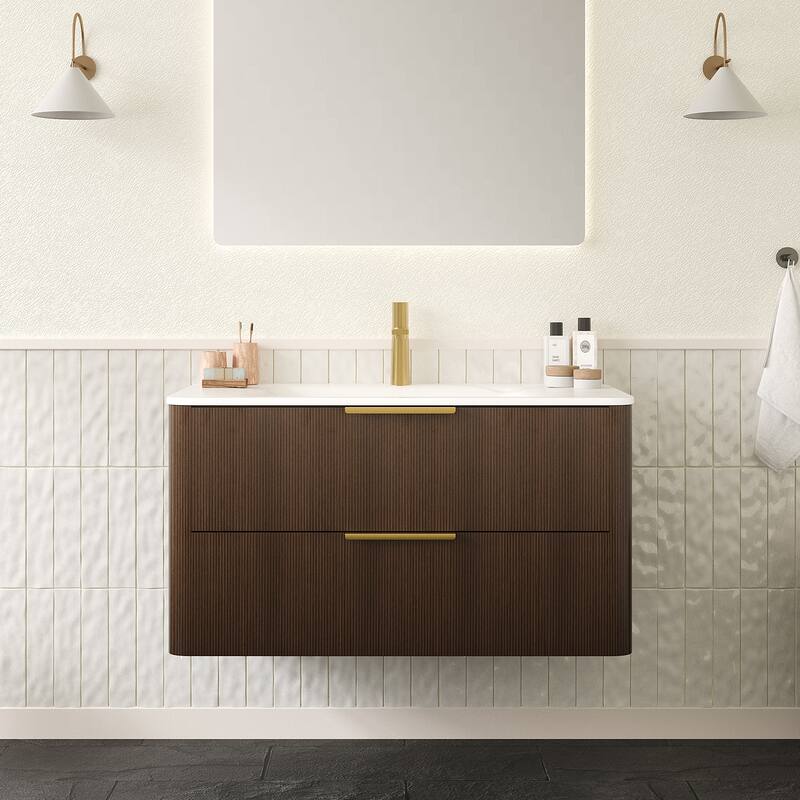 36" Floating Bathroom Vanity with Sink with Drawers, Carrara Sintered Stone Integrated Basin, Pre-Assembled - Deep Walnut