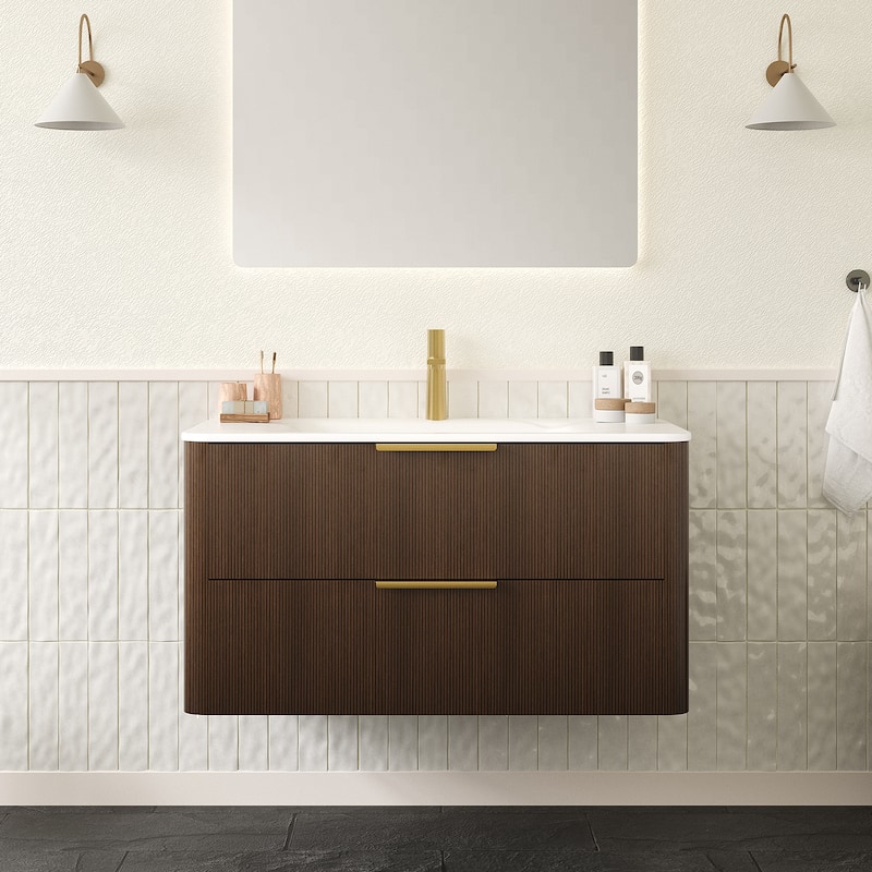 GDF Studio - Zane Bathroom Vanity with Ultra-Pinstriped Drawer Fronts & Carrara White Sintered Stone Basin, WITHOUT Faucet