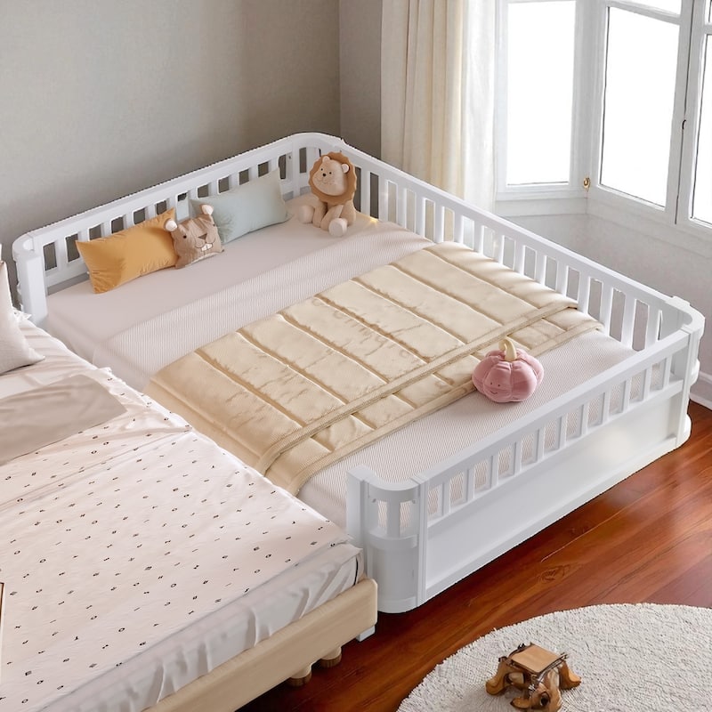Wood Platform Bed with Guardrails & Detachable Fence, Twin/Full/Twin XL/Queen Size Kids Bed, Safety Design, No Box Spring