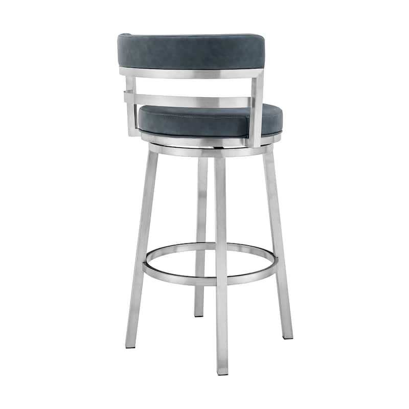 HomeRoots 26" Blue and Silver Faux Leather and Stainless Steel Low Back Counter Height Swivel Bar Chair