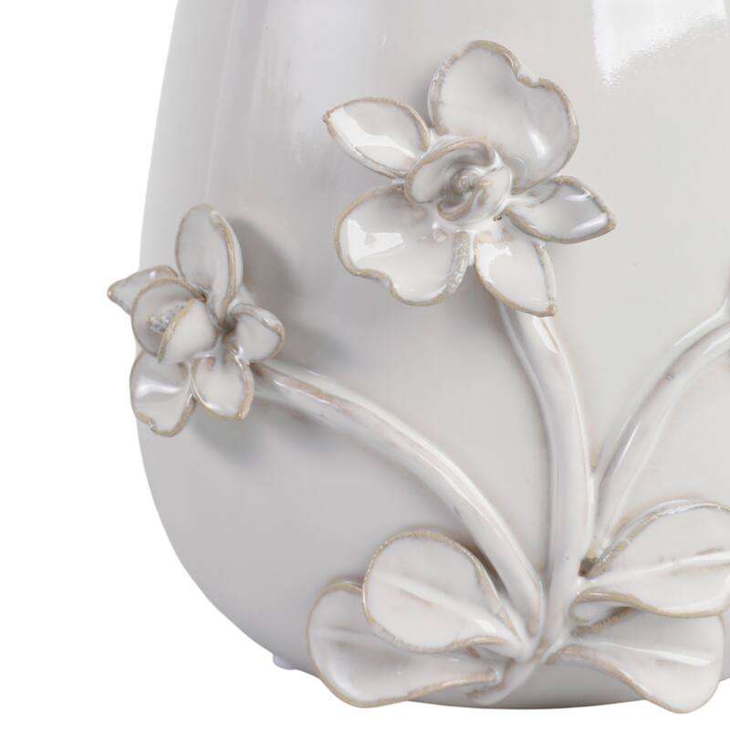 Decorative Ceramic Flower Planter with Flower Applique - Ivory