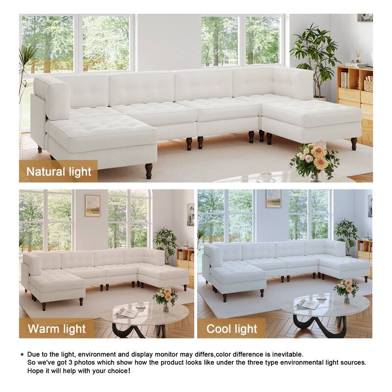 130"W Corduroy Upholstered Modular Sectional Sofa with Storage Ottoman