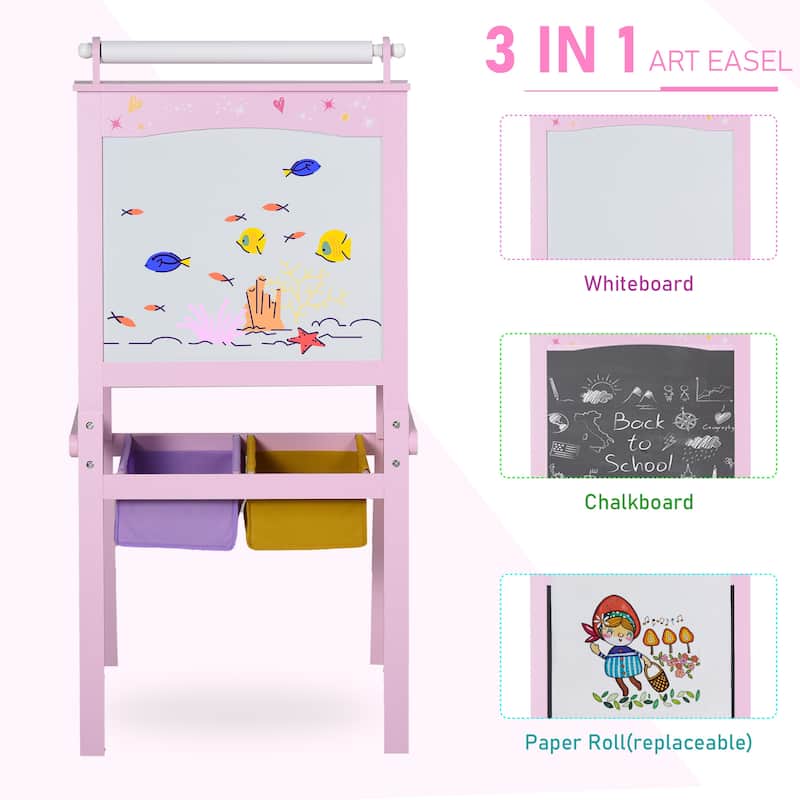 Qaba 3 In 1 Kids Wooden Art Easel with Paper Double-Sided Chalkboard & Whiteboard with Storage for Age 3 Years+, Pink