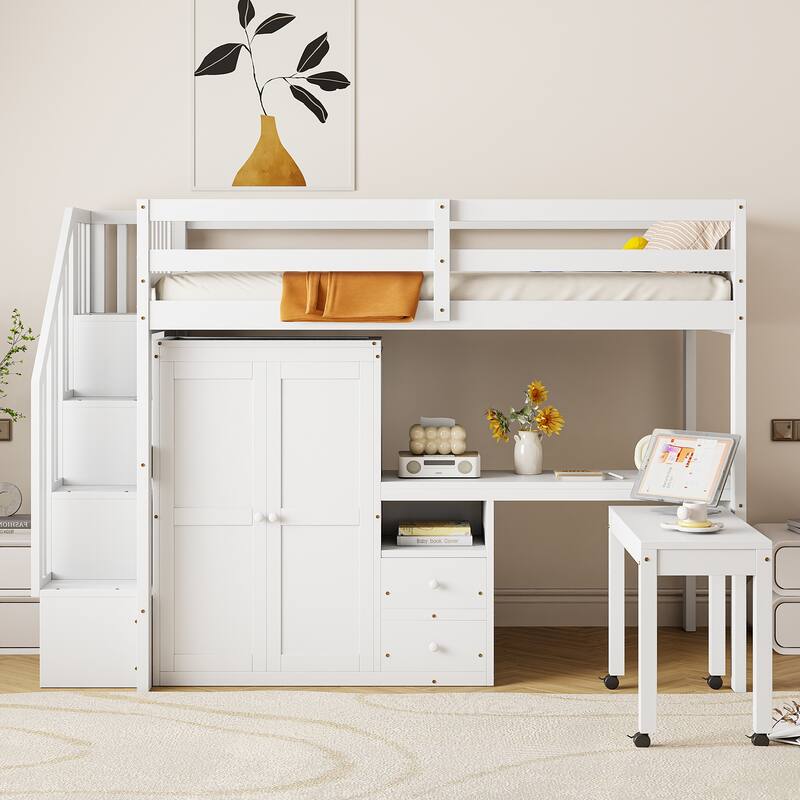 Space-Saving Twin Loft Bed with Stairs, Bookshelf, Drawers, Desk & Wardrobe for Kids & Teens - White