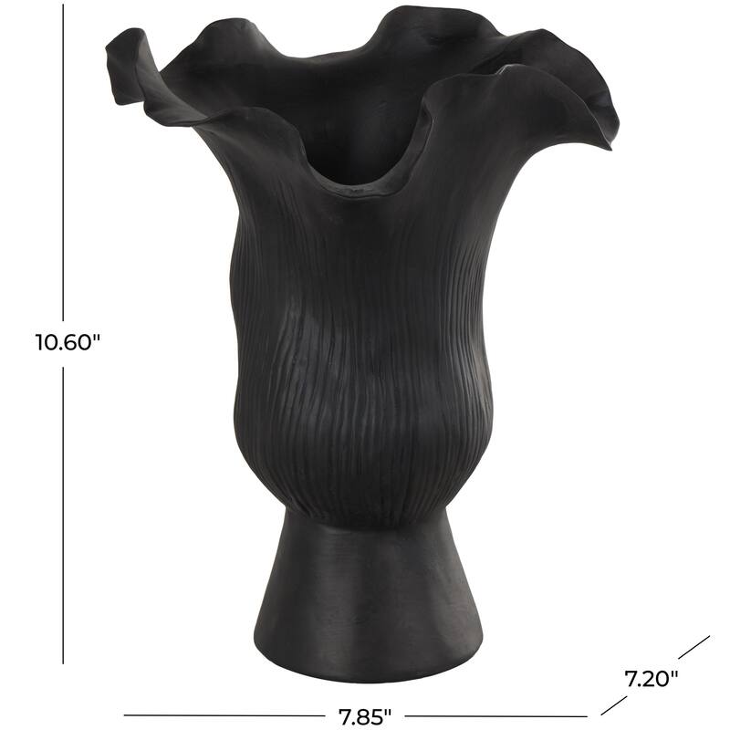 Ceramic Abstract Floral Inspired Vase with Wavy Folded Rim and Linear Grooves - White or Black - Roche River Decor
