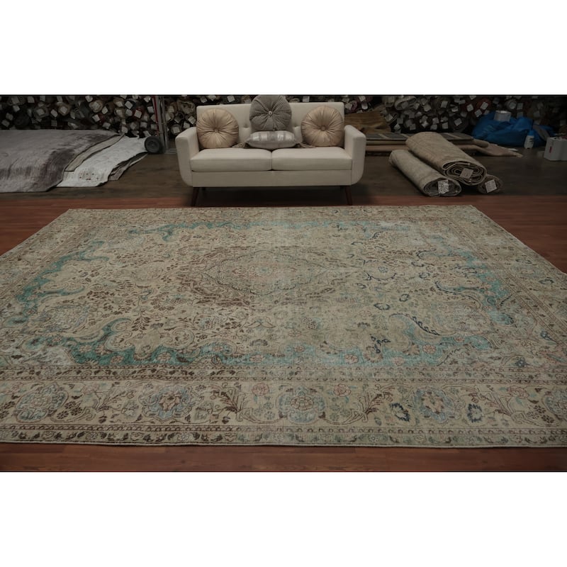 Hand Knotted Oriental 100% Wool Carpet Traditional Floral Beige & Ivories Kashmar Area Rug - 12' 0'' X 9' 7''