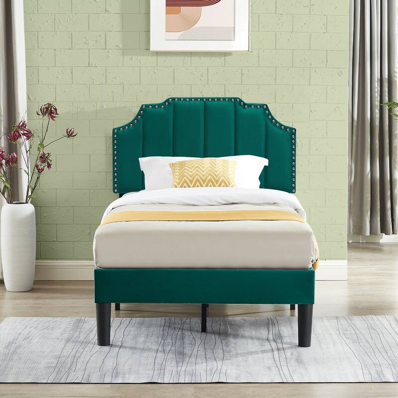 VECELO Upholstered Bed Frame with Nailhead Trim Adjustable Height Headboard, Twin/Full/Queen Size Bedframes - Green - Twin