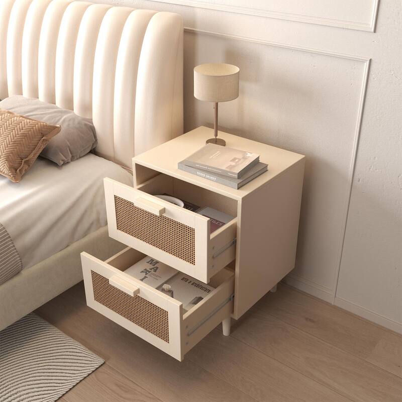 Rattan Nightstand, Wood End Table, Side Table with 2 Faux Rattan-Decorated Drawers for Living Room, Bedroom