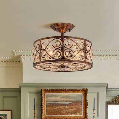 Spanish Vintage Crystal Bronze Drum Semi Flush - 13in
