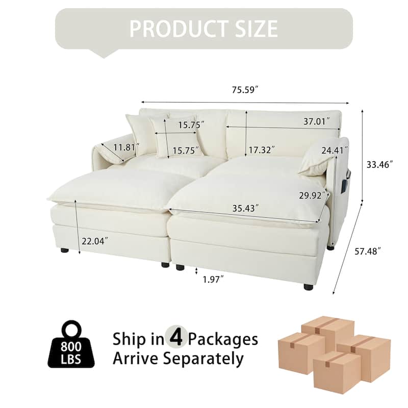 75.59" Chenille Upholstered 2-Seater Sleeper Modular Sectional Sofa with Double-Layer Cushions, DIY Combination
