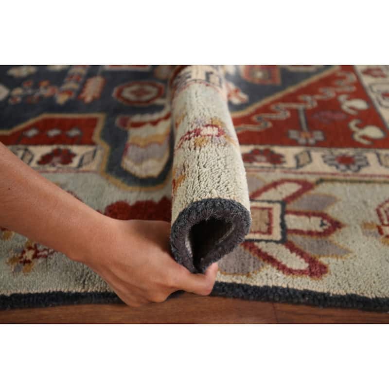 Blue Geometric Heriz Serapi Indian Area Rug Handmade Wool Carpet - 8'0"x 9'9"