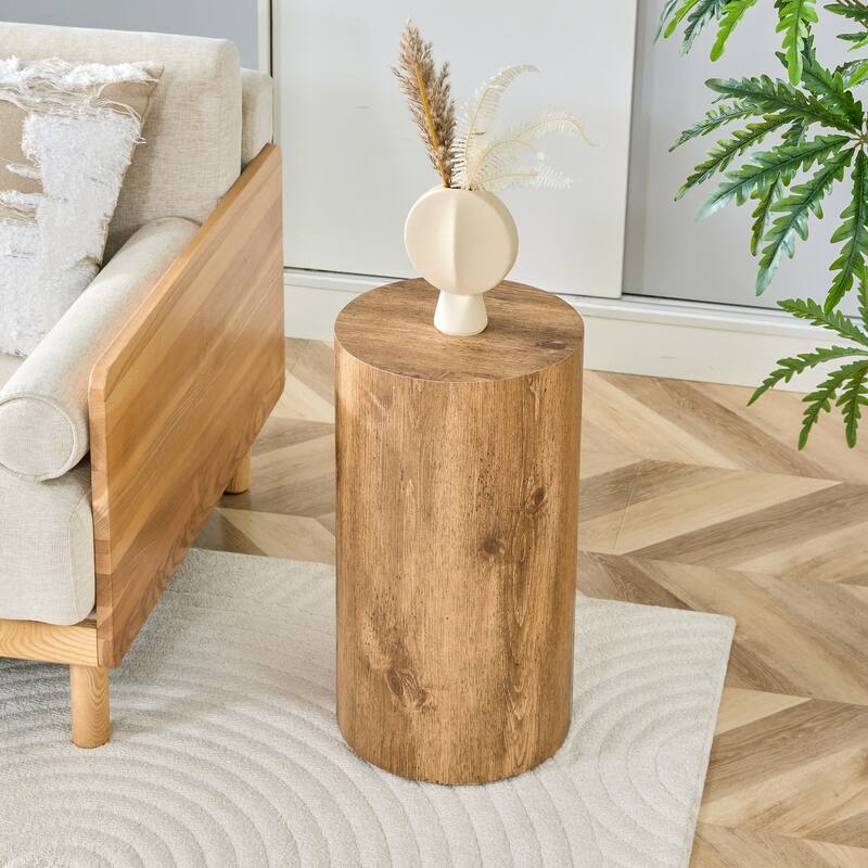 Simple wood grain cylindrical coffee table, 11.8-inch diameter x 21.6 inch height, MDF material living room furniture