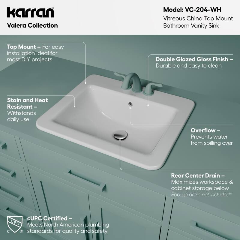 Karran Valera 21" Rectangular Top Mount Vitreous China Bathroom Sink in White
