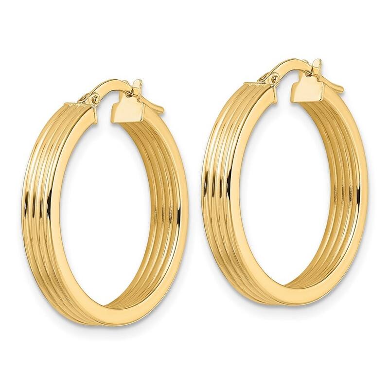 Curata 14k Yellow Gold Polished Ribbed 25x4mm Round Hoop Earrings