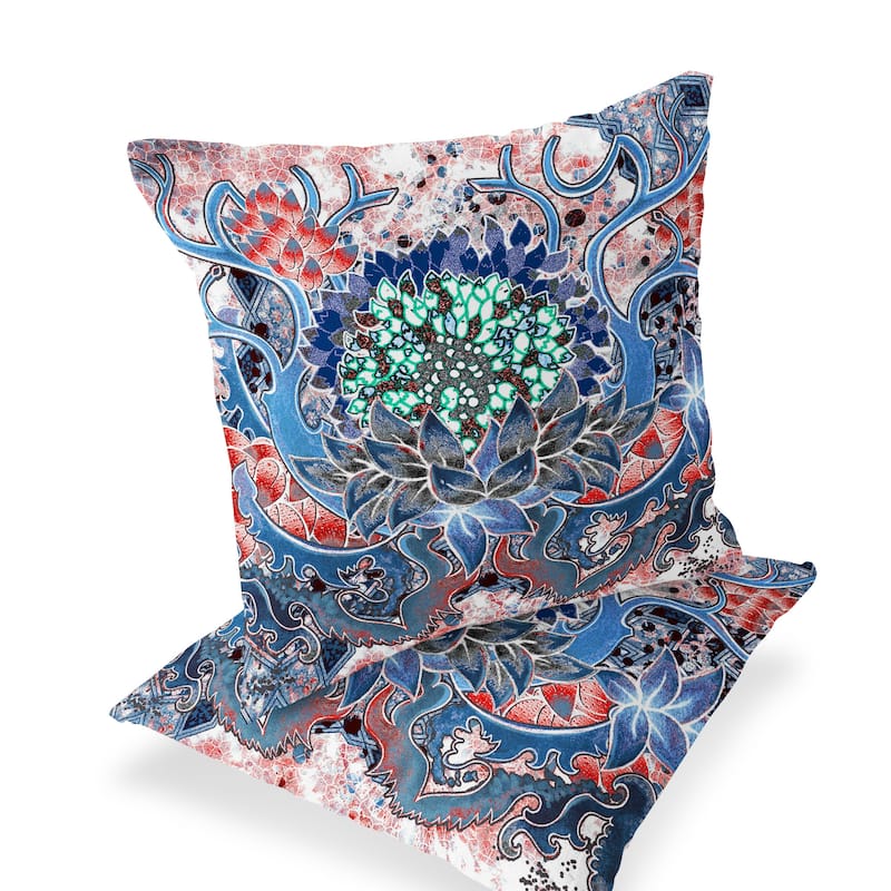 HomeRoots Set of Two 16" X 16" Blue and Pink Blown Seam Floral Indoor Outdoor Throw Pillow - 16.00' X '16.00' X '5.00