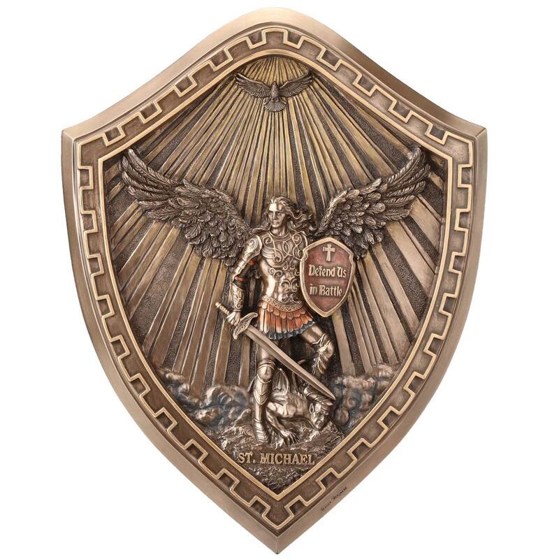10.04 inches Height Cold Cast Bronze Saint Michael Crested Shield Wall Plaque Bronze Finish Figurine